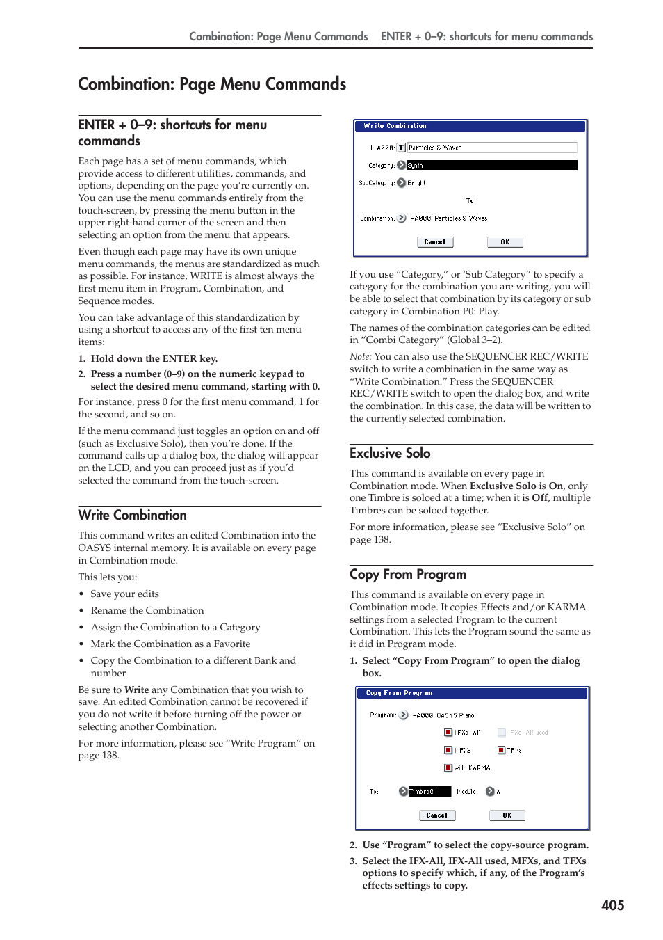 Enter + 0-9: shortcuts for menu commands, Write combination, Exclusive solo | Copy from program, Combination: page menu commands, Enter + 0–9: shortcuts for menu commands | KORG Electronic Keyboard User Manual | Page 415 / 1127