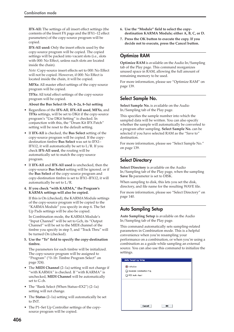 Optimize ram, Select sample no, Select directory | Auto sampling setup | KORG Electronic Keyboard User Manual | Page 416 / 1127