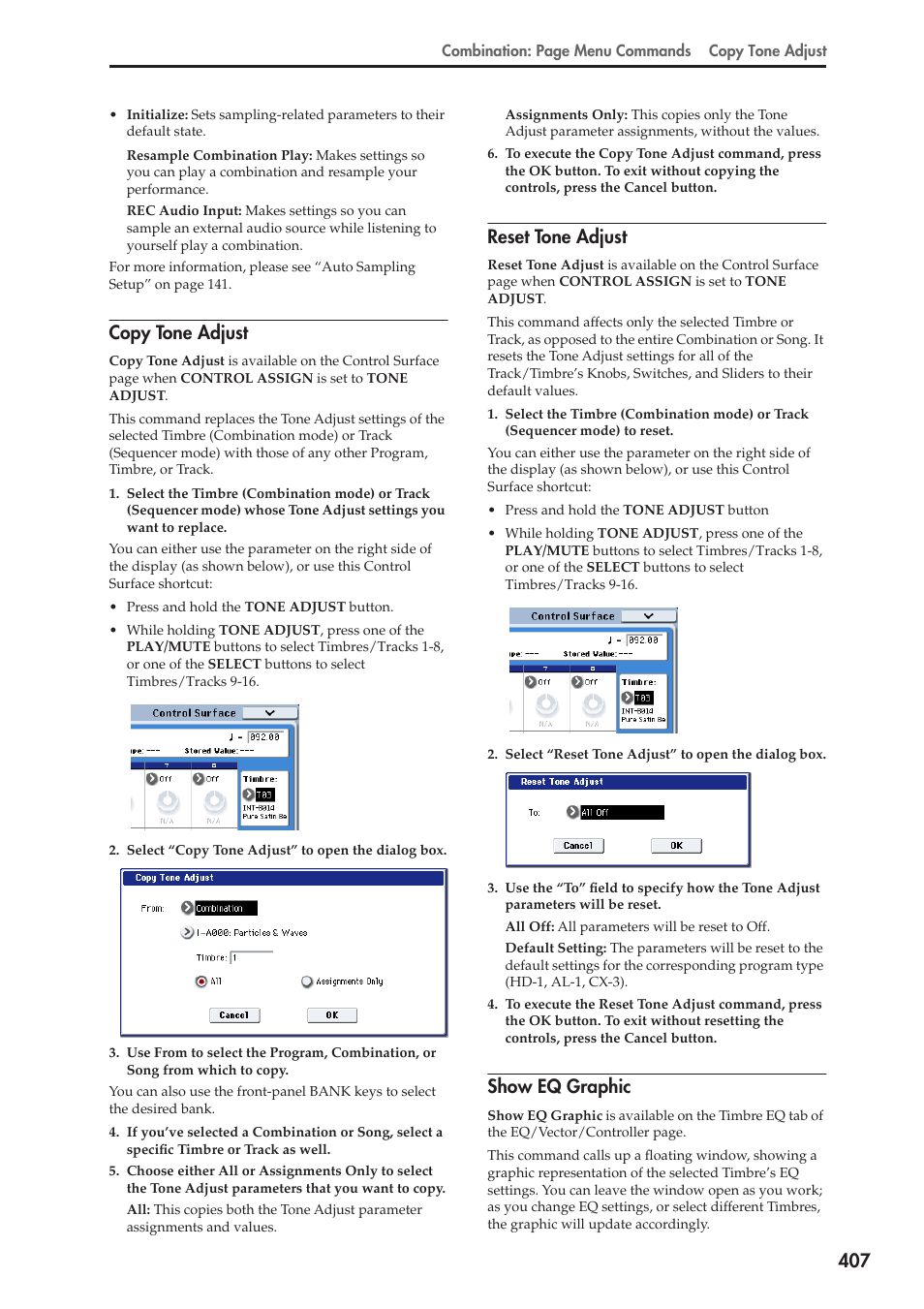 Copy tone adjust, Reset tone adjust, Show eq graphic | KORG Electronic Keyboard User Manual | Page 417 / 1127