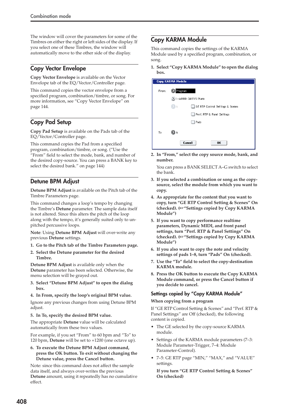 Copy vector envelope, Copy pad setup, Detune bpm adjust | Copy karma module | KORG Electronic Keyboard User Manual | Page 418 / 1127