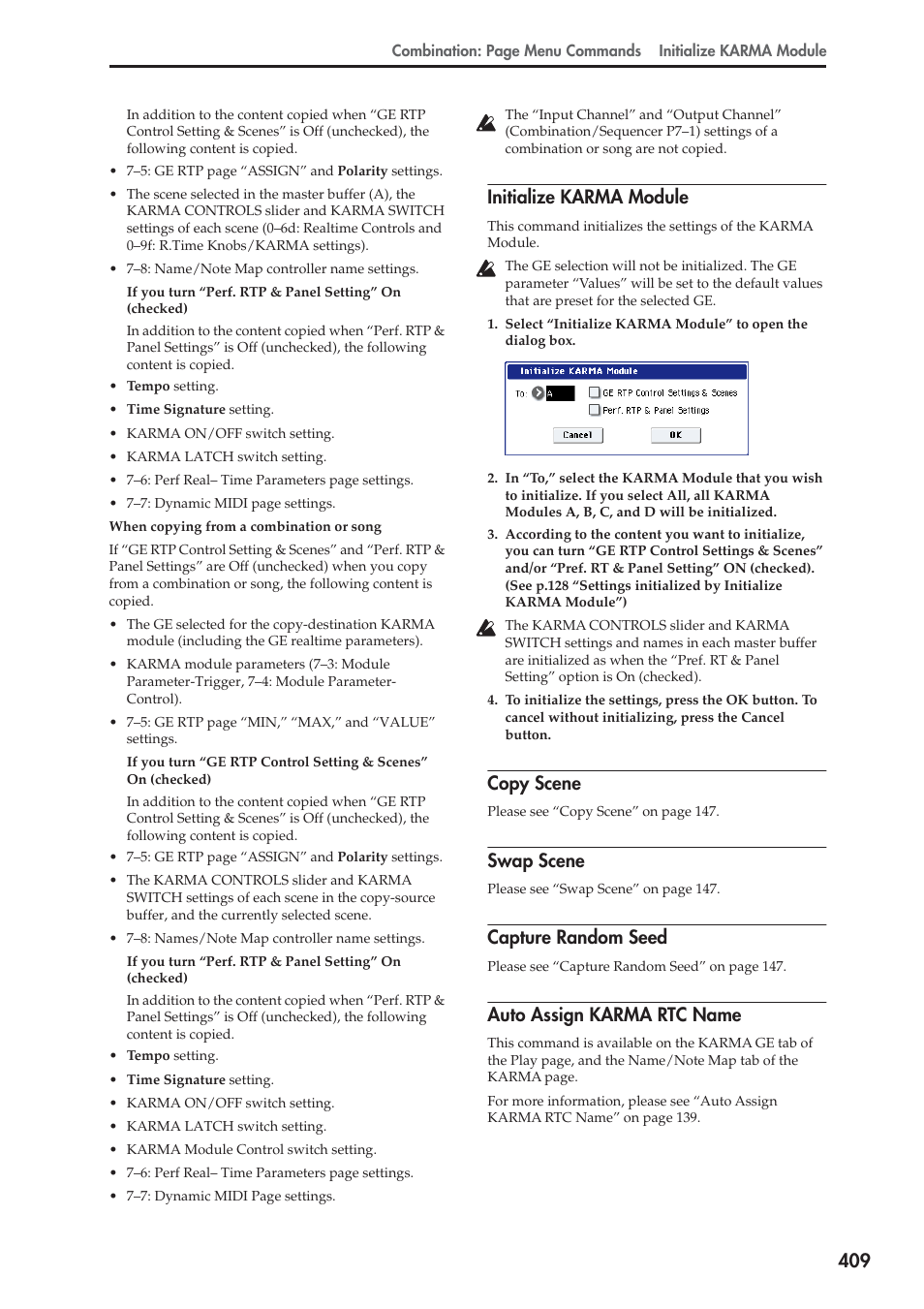 Initialize karma module, Copy scene, Swap scene | Capture random seed, Auto assign karma rtc name, For more information, see “copy, For more information, see “swap | KORG Electronic Keyboard User Manual | Page 419 / 1127