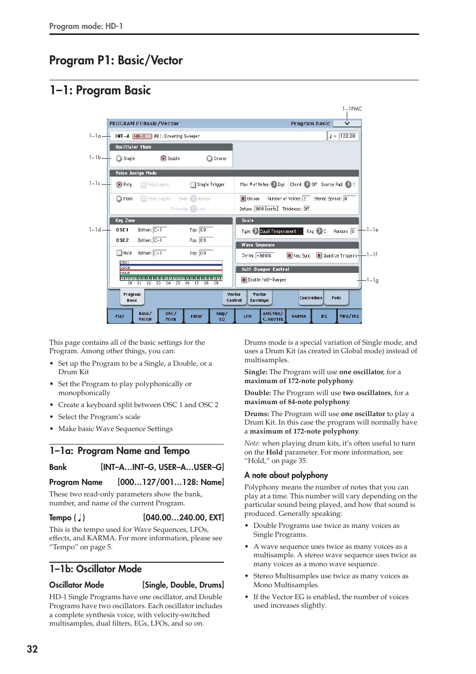 Program p1: basic/vector, 1: program basic, 1a: program name and tempo | 1b: oscillator mode, 1–1: program basic, Program p1: basic/vector 1–1: program basic, 1–1a: program name and tempo, 1–1b: oscillator mode | KORG Electronic Keyboard User Manual | Page 42 / 1127