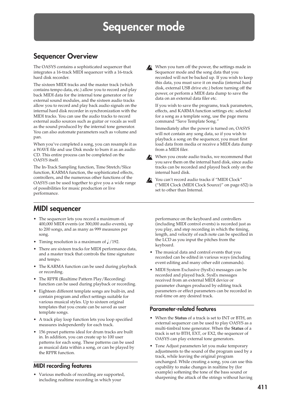 Sequencer mode, Sequencer overview, Midi sequencer | Midi recording features, Parameter-related features | KORG Electronic Keyboard User Manual | Page 421 / 1127