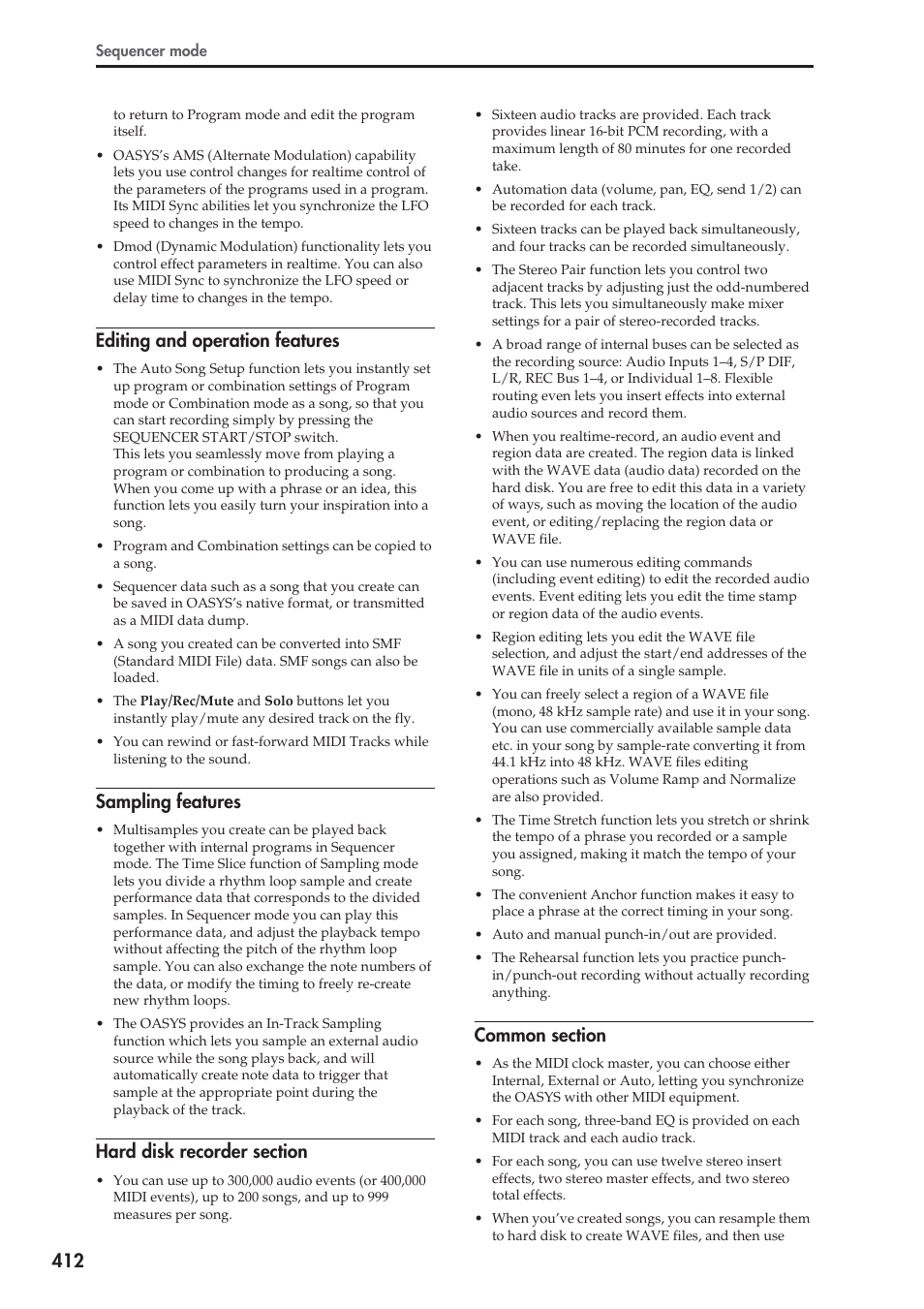Editing and operation features, Sampling features, Hard disk recorder section | Common section | KORG Electronic Keyboard User Manual | Page 422 / 1127
