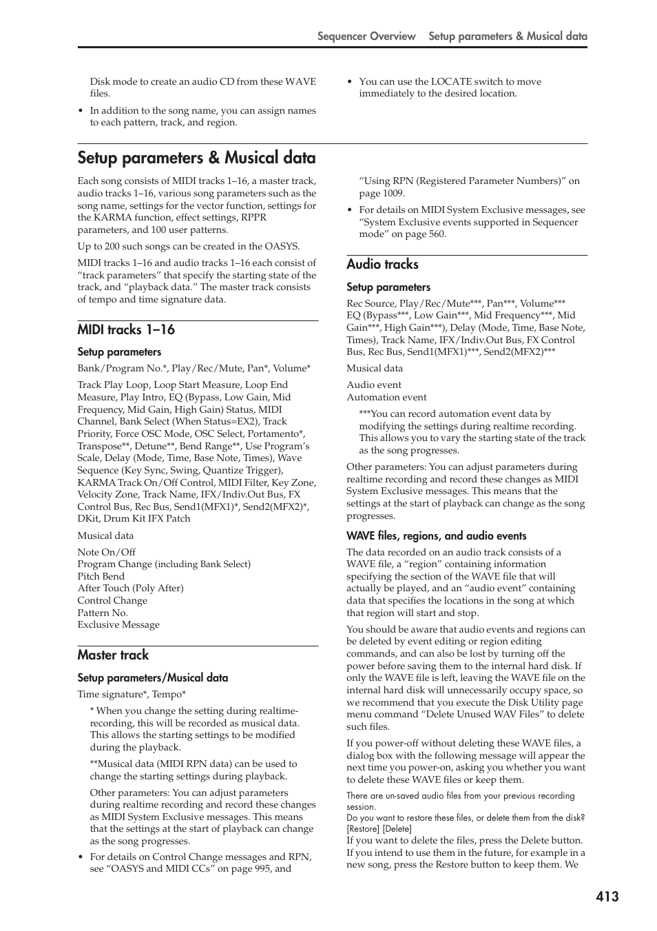 Setup parameters & musical data, Midi tracks 1-16, Master track | Audio tracks, Midi tracks 1–16 | KORG Electronic Keyboard User Manual | Page 423 / 1127
