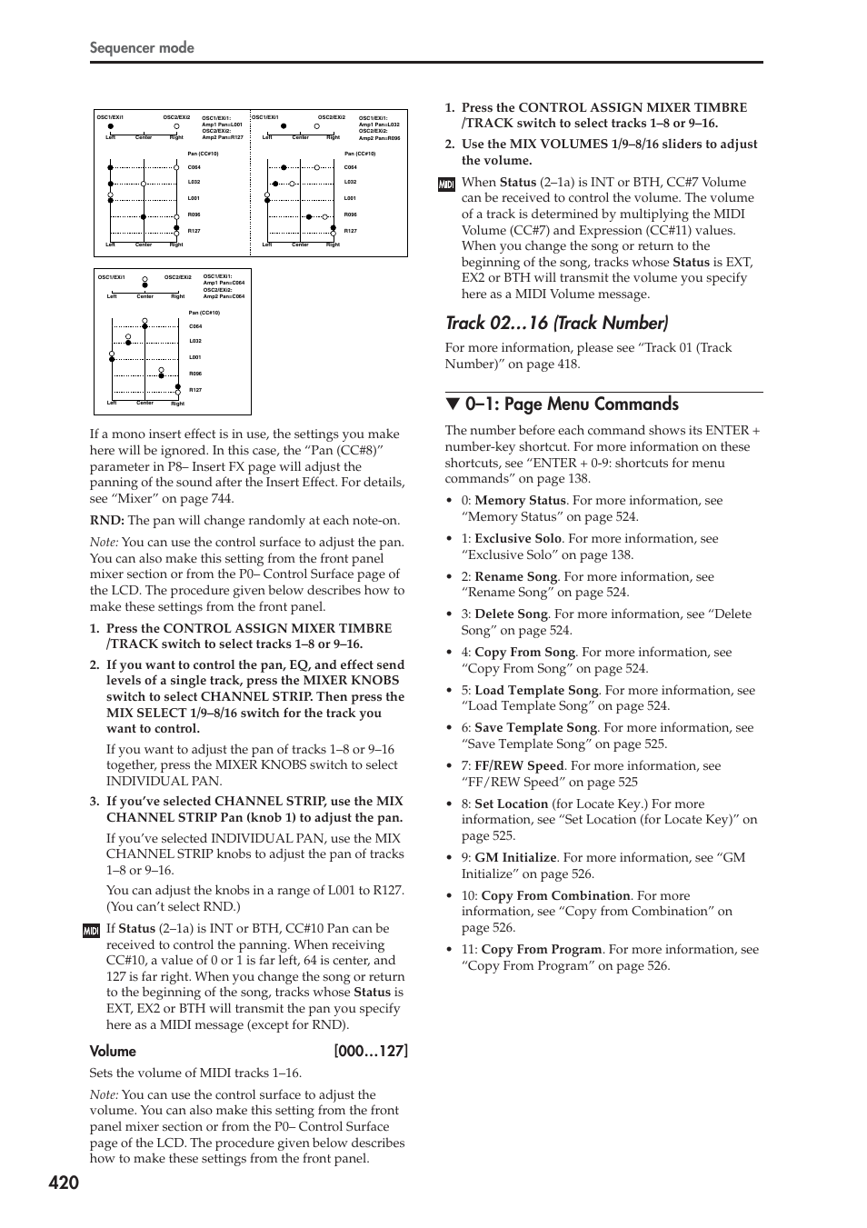 Track 02…16 (track number), 0–1: page menu commands, Sequencer mode | KORG Electronic Keyboard User Manual | Page 430 / 1127