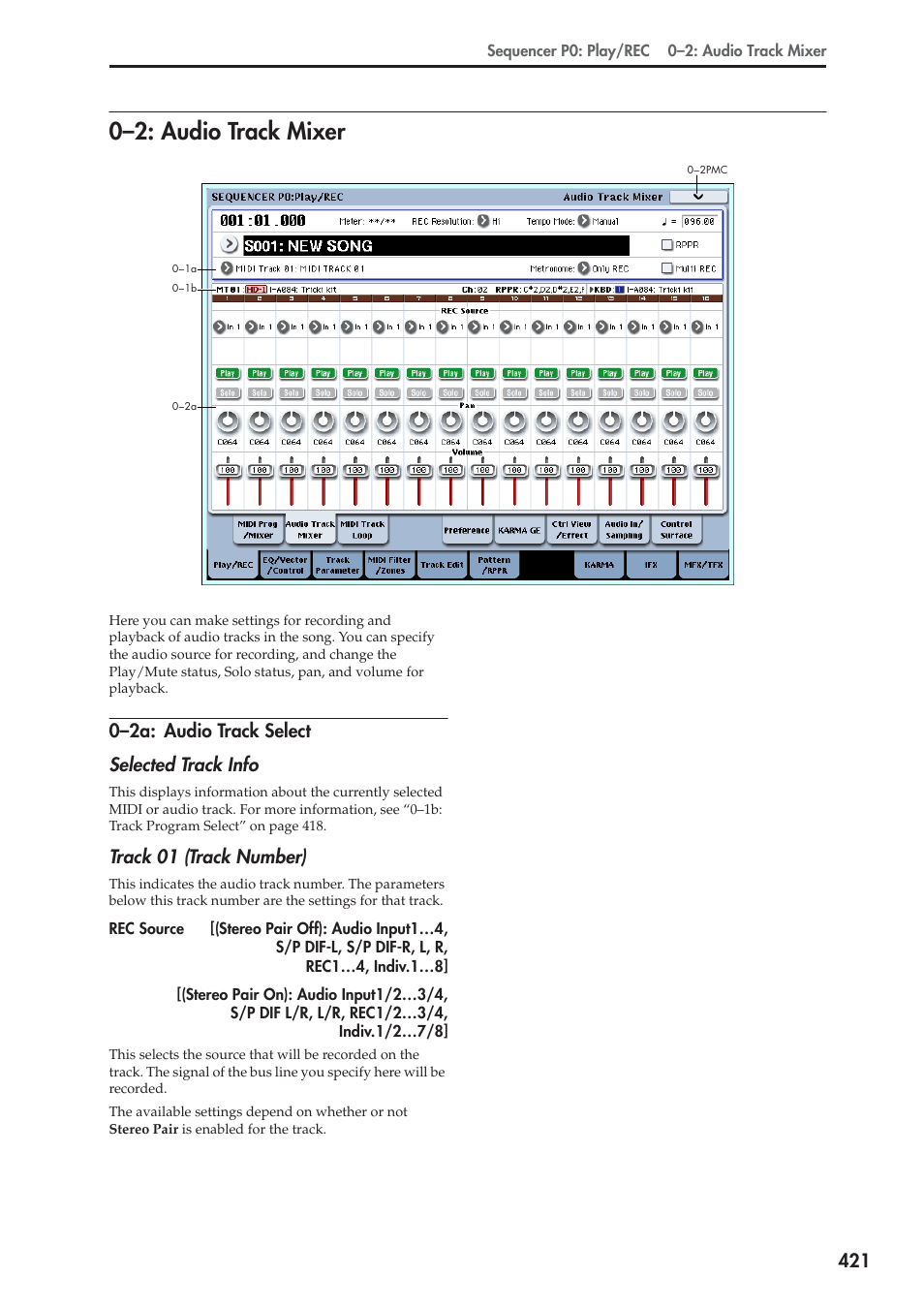 2: audio track mixer, 2a: audio track select, 0–2: audio track mixer | 0–2a: audio track select selected track info, Track 01 (track number) | KORG Electronic Keyboard User Manual | Page 431 / 1127