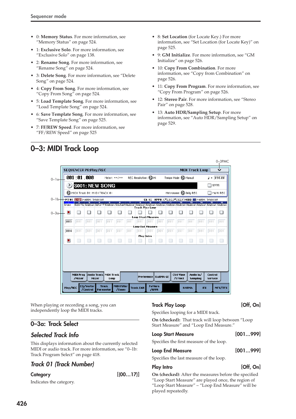 3: midi track loop, 3a: track select, 0–3: midi track loop | 0–3a: track select selected track info, Track 01 (track number) | KORG Electronic Keyboard User Manual | Page 436 / 1127