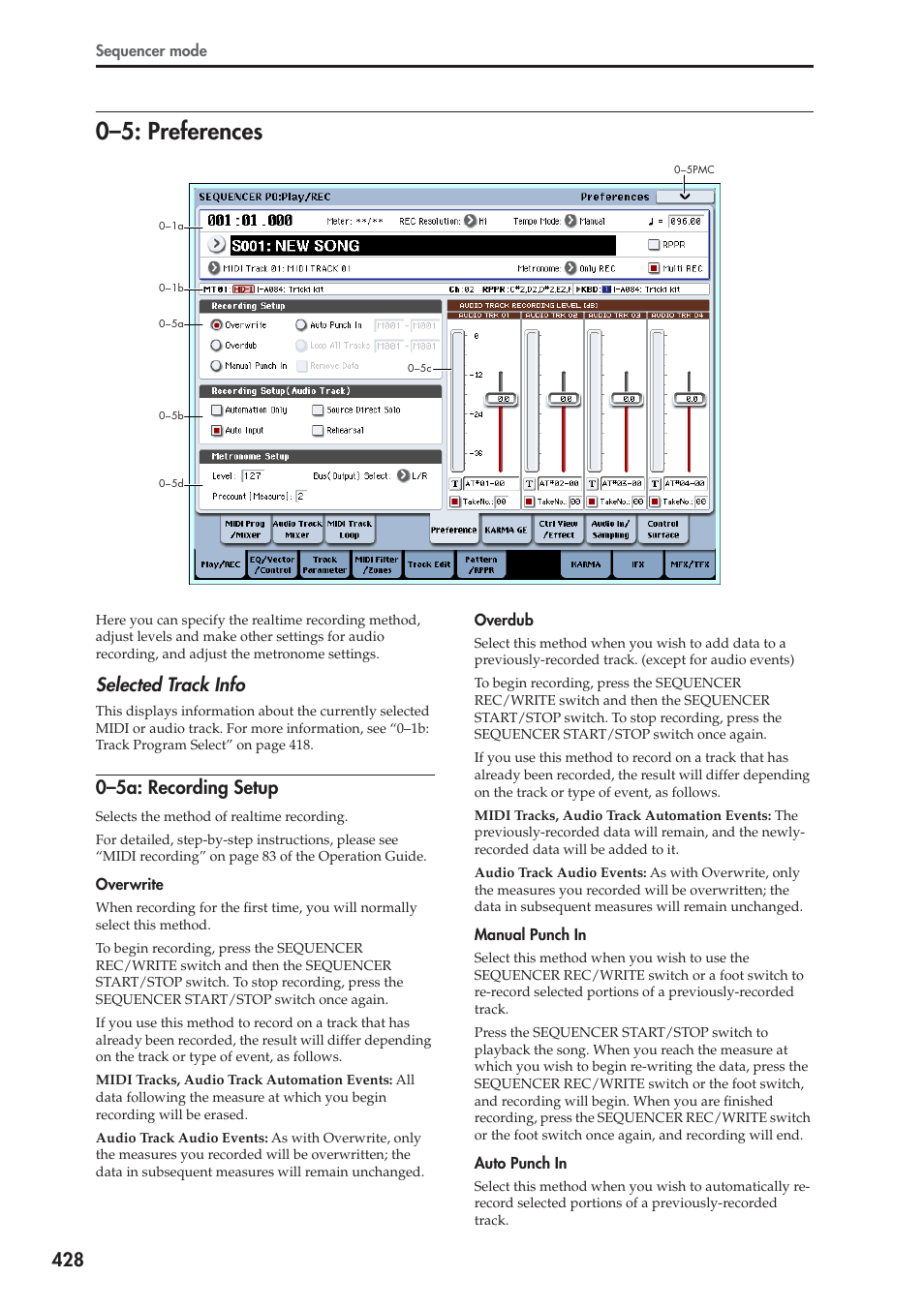 5: preferences, 5a: recording setup, 0–5: preferences | Selected track info, 0–5a: recording setup | KORG Electronic Keyboard User Manual | Page 438 / 1127