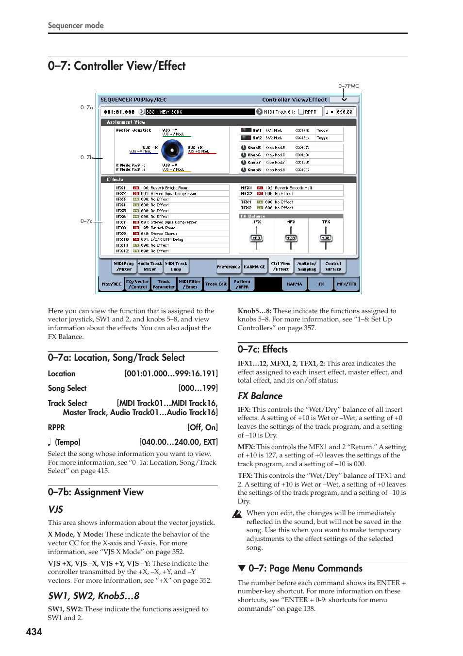 7: controller view/effect, 7a: location, song/track select, 7b: assignment view | 7c: effects, 0–7: controller view/effect, 0–7a: location, song/track select, 0–7b: assignment view vjs, Sw1, sw2, knob5…8, 0–7c: effects, Fx balance | KORG Electronic Keyboard User Manual | Page 444 / 1127