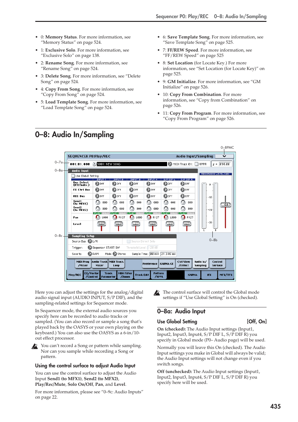 8: audio in/sampling, 8a: audio input, 0–8: audio in/sampling | 0–8a: audio input | KORG Electronic Keyboard User Manual | Page 445 / 1127