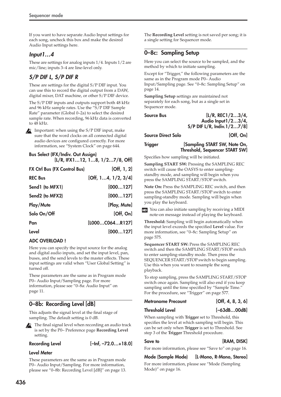 8b: recording level [db, 8c: sampling setup, Input1…4 | S/p dif l, s/p dif r, 0–8b: recording level [db, 0–8c: sampling setup | KORG Electronic Keyboard User Manual | Page 446 / 1127