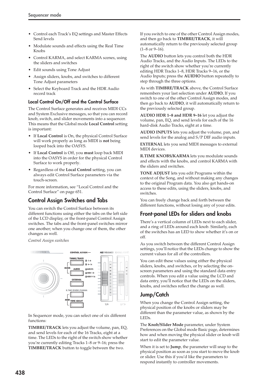 Control assign switches and tabs, Front-panel leds for sliders and knobs, Jump/catch | KORG Electronic Keyboard User Manual | Page 448 / 1127