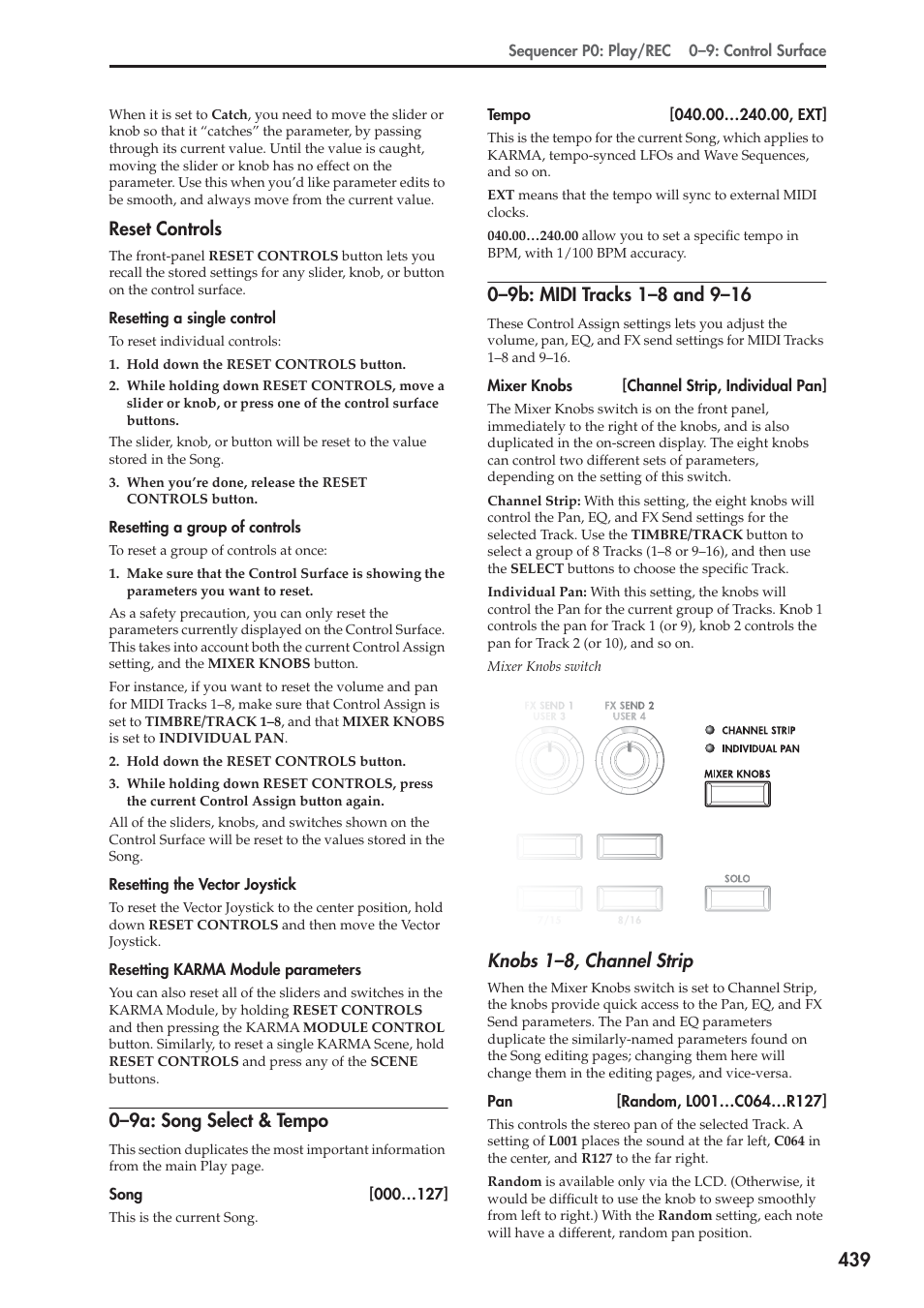 Reset controls, 9a: song select & tempo, 9b: midi tracks 1-8 and 9-16 | 0–9a: song select & tempo, Knobs 1–8, channel strip | KORG Electronic Keyboard User Manual | Page 449 / 1127