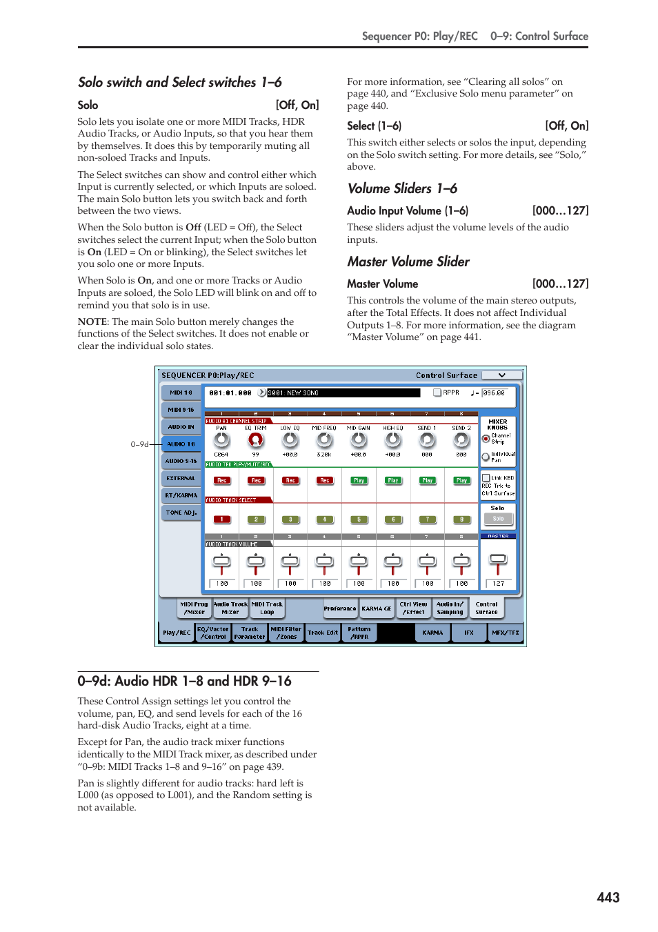 9d: audio hdr 1-8 and hdr 9-16, Volume sliders 1–6, Master volume slider | KORG Electronic Keyboard User Manual | Page 453 / 1127