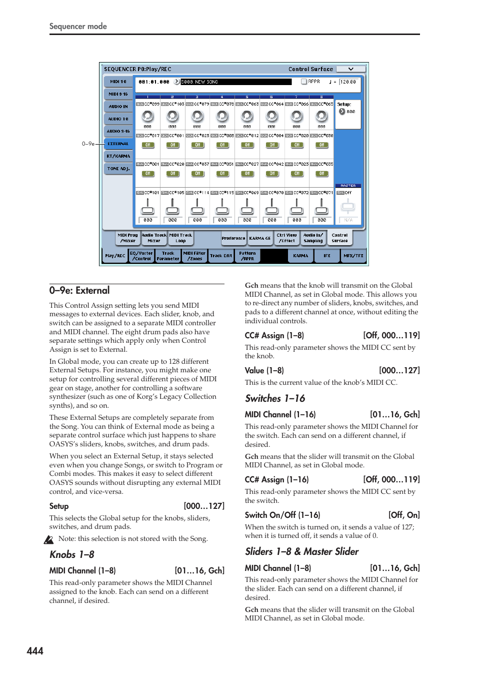 9e: external, Knobs 1–8, Switches 1–16 | Sliders 1–8 & master slider | KORG Electronic Keyboard User Manual | Page 454 / 1127