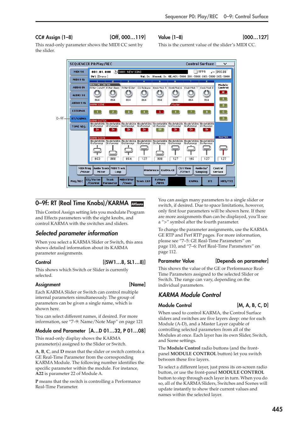 9f: rt (real time knobs)/karma, 0–9f: rt (real time knobs)/karma, Selected parameter information | Karma module control | KORG Electronic Keyboard User Manual | Page 455 / 1127