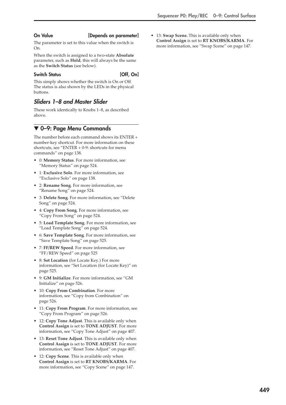 Sliders 1–8 and master slider, 0–9: page menu commands | KORG Electronic Keyboard User Manual | Page 459 / 1127