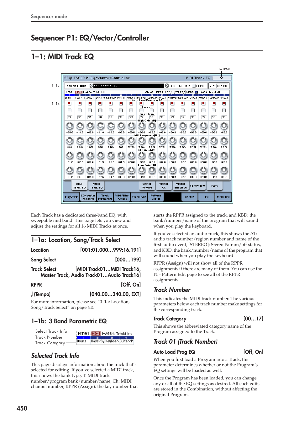 Sequencer p1: eq/vector/controller, 1: midi track eq, 1a: location, song/track select | 1b: 3 band parametric eq, 1–1: midi track eq | KORG Electronic Keyboard User Manual | Page 460 / 1127