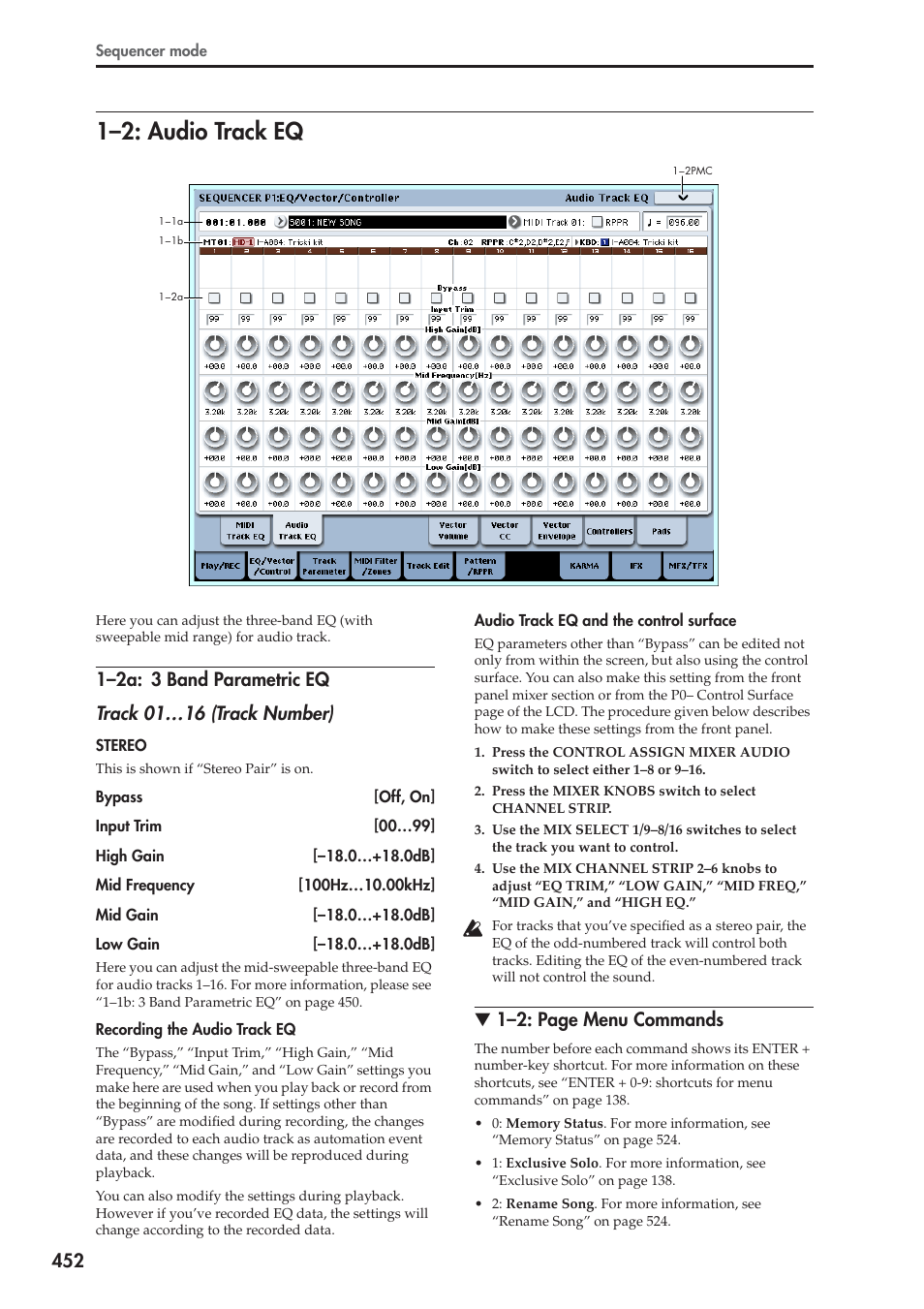 2: audio track eq, 2a: 3 band parametric eq, 1–2: audio track eq | 1–2: page menu commands | KORG Electronic Keyboard User Manual | Page 462 / 1127