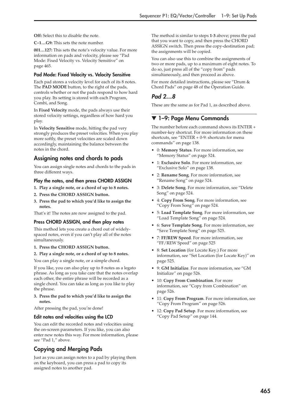 Assigning notes and chords to pads, Copying and merging pads, Pad 2…8 | 1–9: page menu commands | KORG Electronic Keyboard User Manual | Page 475 / 1127