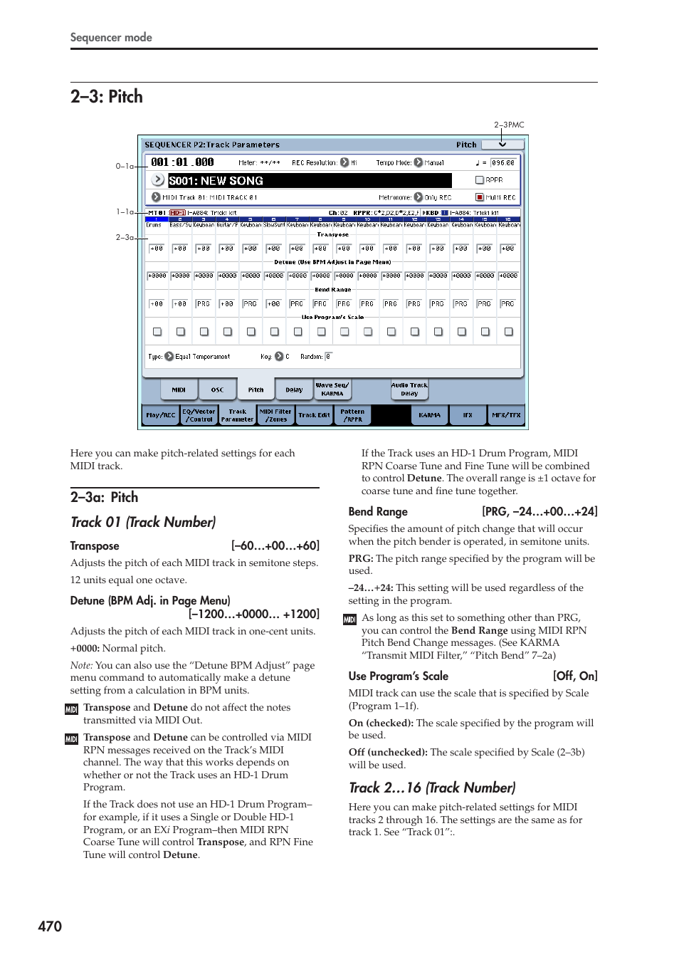 3: pitch, 3a: pitch, 2–3: pitch | 2–3a: pitch track 01 (track number), Track 2…16 (track number) | KORG Electronic Keyboard User Manual | Page 480 / 1127