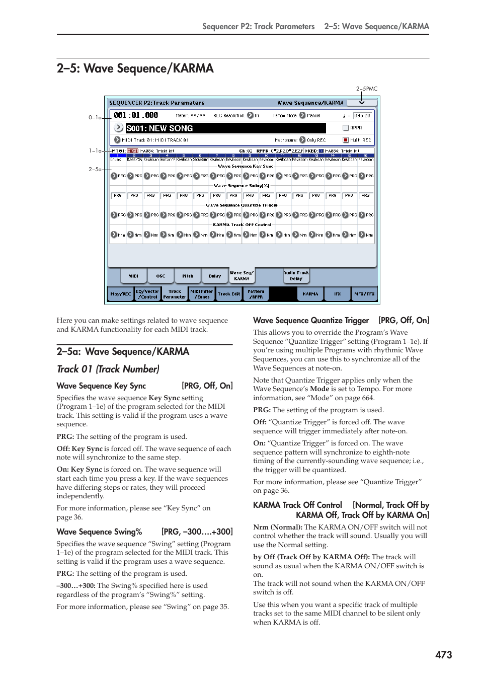 5: wave sequence/karma, 5a: wave sequence/karma, 2–5: wave sequence/karma | 2–5a: wave sequence/karma track 01 (track number) | KORG Electronic Keyboard User Manual | Page 483 / 1127