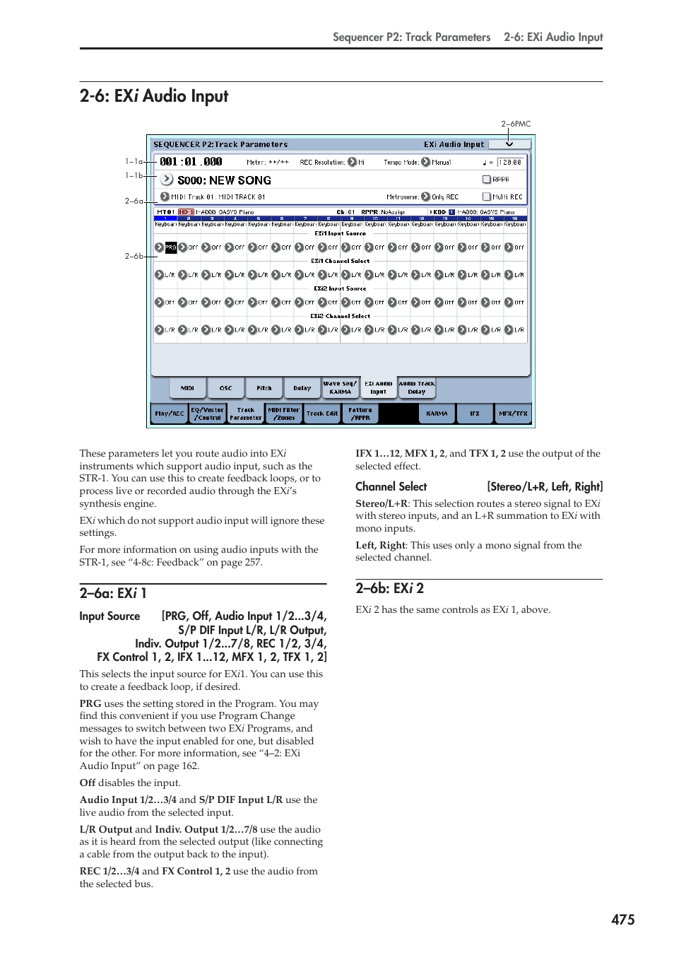 6: exi audio input, 6a: exi 1, 6b: exi 2 | 6: ex, Audio input, 6: ex i audio input, 2–6a: ex i 1, 2–6b: ex i 2 | KORG Electronic Keyboard User Manual | Page 485 / 1127