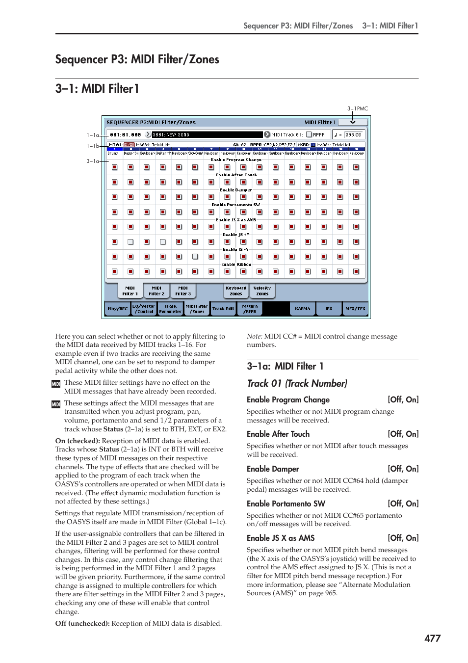 Sequencer p3: midi filter/zones, 1: midi filter1, 1a: midi filter 1 | 3–1: midi filter1, Sequencer p3: midi filter/zones 3–1: midi filter1 | KORG Electronic Keyboard User Manual | Page 487 / 1127