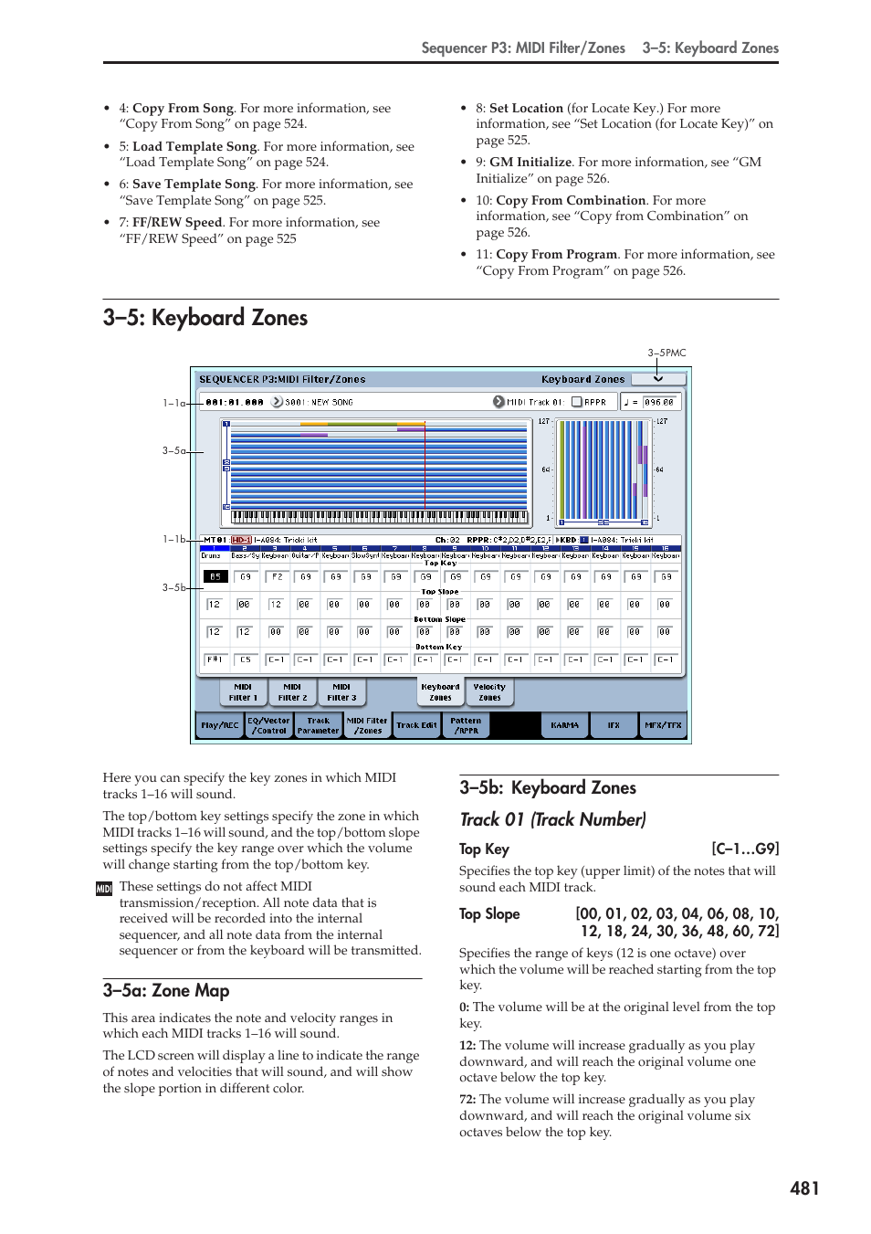 5: keyboard zones, 5a: zone map, 5b: keyboard zones | 3–5: keyboard zones, 3–5a: zone map, 3–5b: keyboard zones track 01 (track number) | KORG Electronic Keyboard User Manual | Page 491 / 1127
