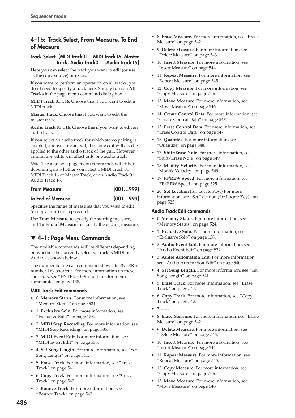 1b: track select, from measure, to end of measure, 4–1: page menu commands | KORG Electronic Keyboard User Manual | Page 496 / 1127