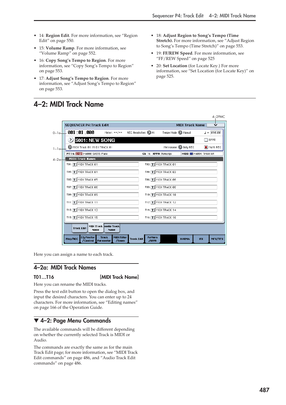 2: midi track name, 2a: midi track names, 4–2: midi track name | 4–2a: midi track names, 4–2: page menu commands | KORG Electronic Keyboard User Manual | Page 497 / 1127