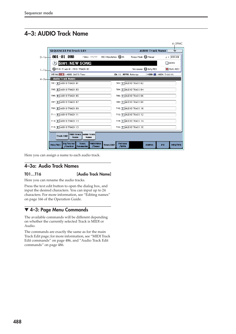 3: audio track name, 3a: audio track names, 4–3: audio track name | 4–3a: audio track names, 4–3: page menu commands | KORG Electronic Keyboard User Manual | Page 498 / 1127