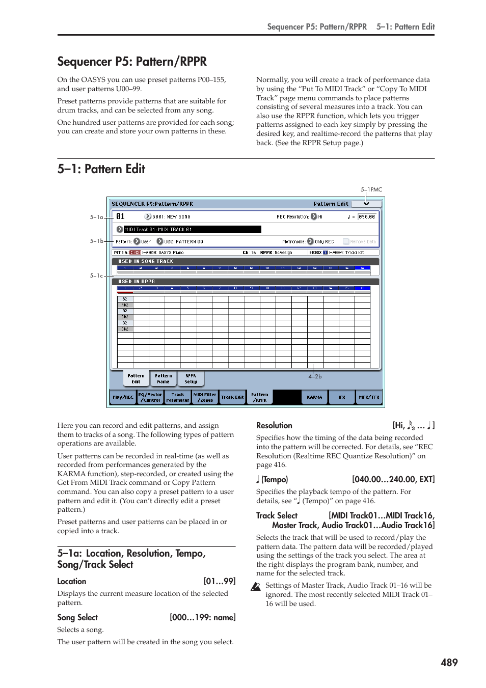 Sequencer p5: pattern/rppr, 1: pattern edit, 1a: location, resolution, tempo, song/track select | 5–1: pattern edit | KORG Electronic Keyboard User Manual | Page 499 / 1127