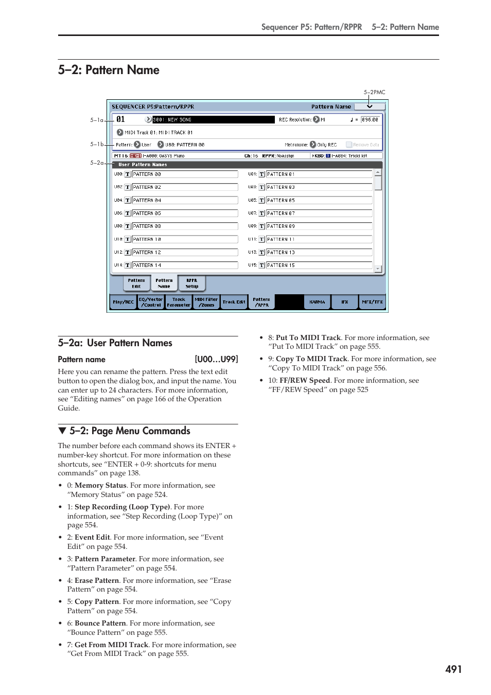 2: pattern name, 2a: user pattern names, 5–2: pattern name | 5–2a: user pattern names, 5–2: page menu commands | KORG Electronic Keyboard User Manual | Page 501 / 1127