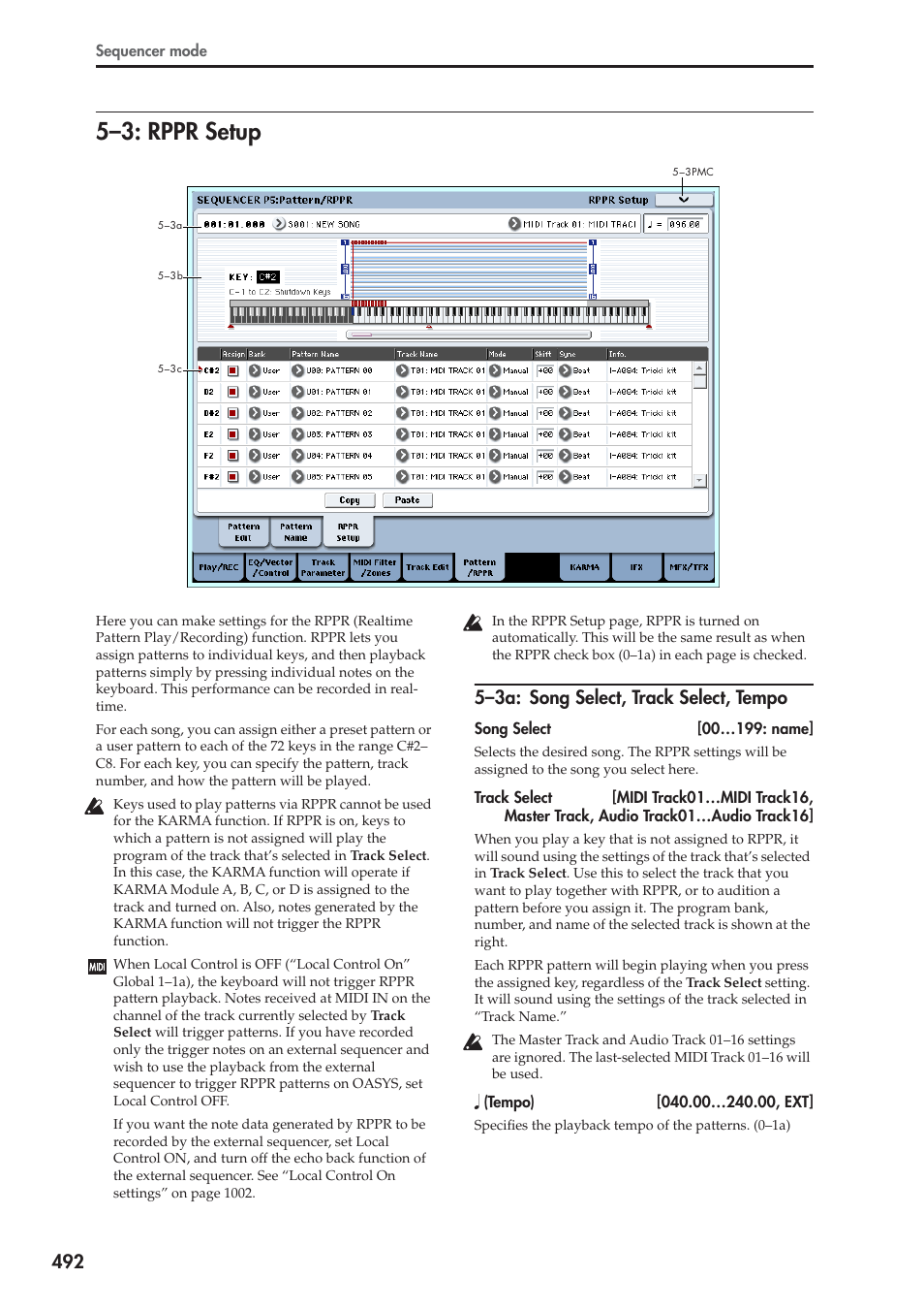3: rppr setup, 3a: song select, track select, tempo, 5–3: rppr setup | 5–3a: song select, track select, tempo | KORG Electronic Keyboard User Manual | Page 502 / 1127