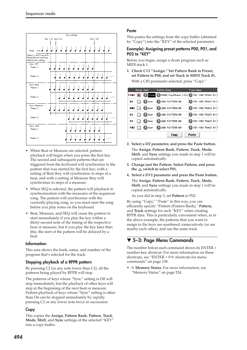 5–3: page menu commands, Sequencer mode, Information | Stopping playback of a rppr pattern, Copy, Paste | KORG Electronic Keyboard User Manual | Page 504 / 1127