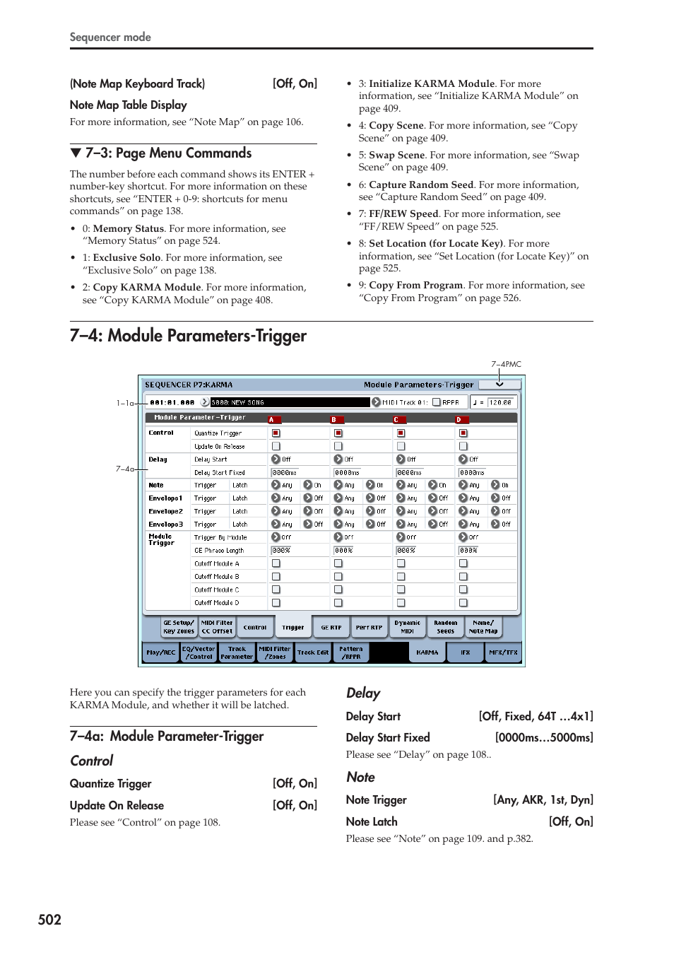 4: module parameters-trigger, 4a: module parameter-trigger, 7–4: module parameters-trigger | 7–3: page menu commands, 7–4a: module parameter-trigger control, Delay | KORG Electronic Keyboard User Manual | Page 512 / 1127