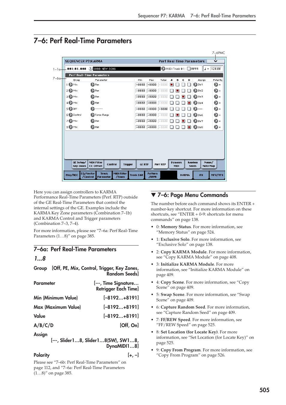 6: perf real-time parameters, 6a: perf real-time parameters, 7–6: perf real-time parameters | 7–6a: perf real-time parameters 1, 7–6: page menu commands | KORG Electronic Keyboard User Manual | Page 515 / 1127