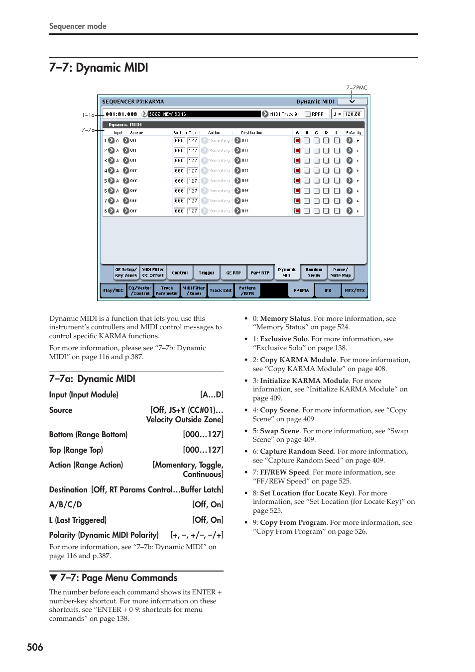 7: dynamic midi, 7a: dynamic midi, 7–7: dynamic midi | 7–7a: dynamic midi, 7–7: page menu commands | KORG Electronic Keyboard User Manual | Page 516 / 1127