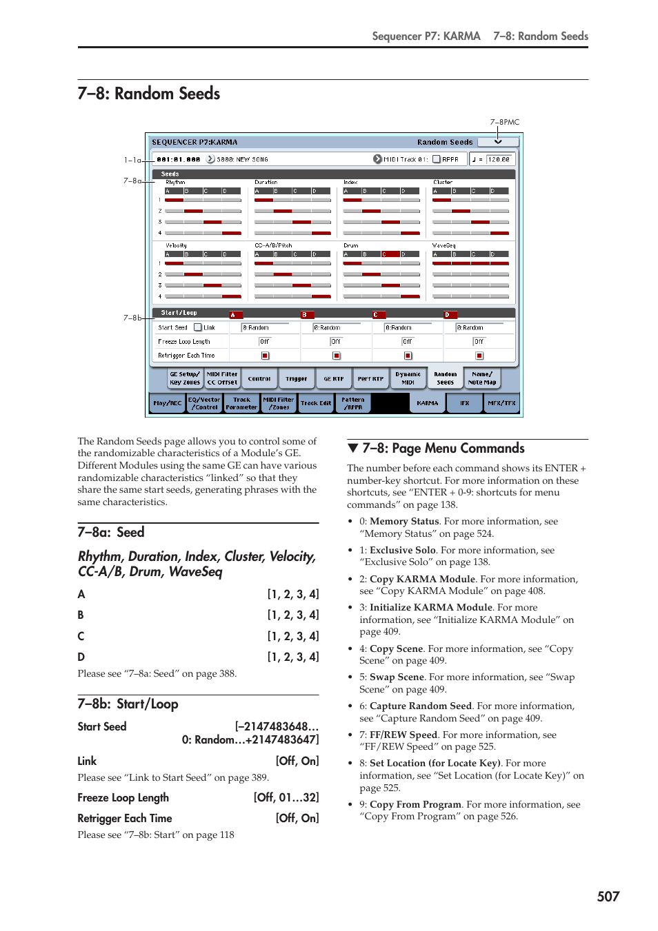 8: random seeds, 8a: seed, 8b: start/loop | 7–8: random seeds, 7–8b: start/loop, 7–8: page menu commands | KORG Electronic Keyboard User Manual | Page 517 / 1127