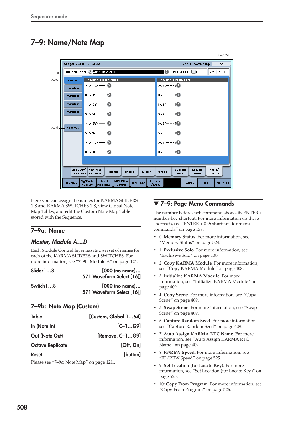 9: name/note map, 9a: name, 9b: note map (custom) | 7–9: name/note map, 7–9a: name master, module a…d, 7–9: page menu commands | KORG Electronic Keyboard User Manual | Page 518 / 1127