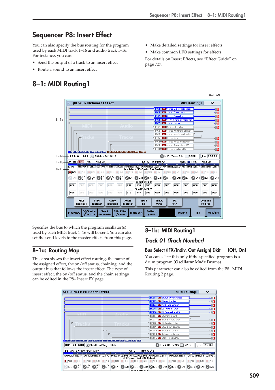 Sequencer p8: insert effect, 1: midi routing1, 1a: routing map | 1b: midi routing1, 8–1: midi routing1, 8–1a: routing map | KORG Electronic Keyboard User Manual | Page 519 / 1127