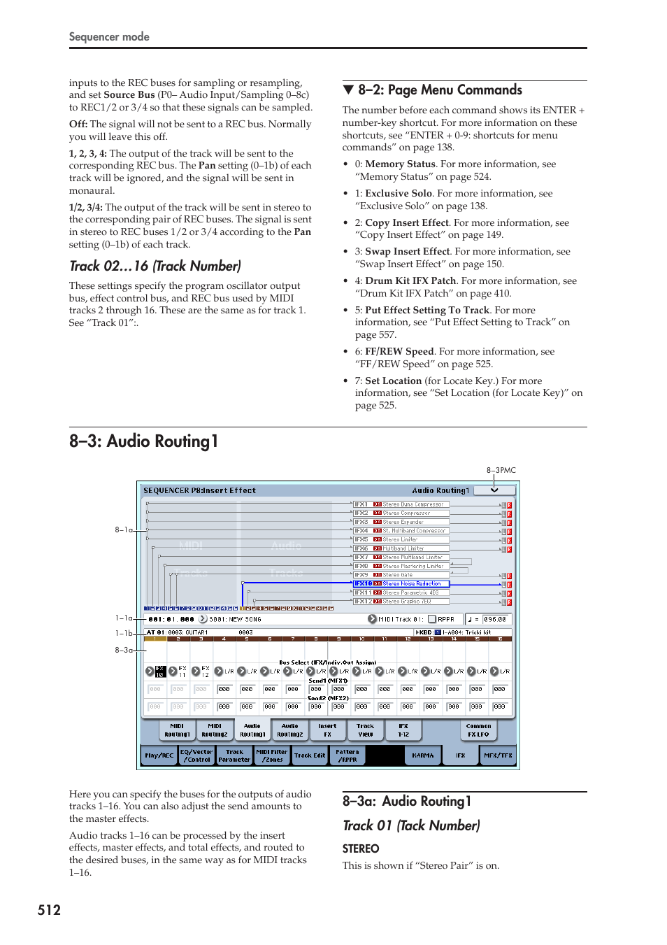 3: audio routing1, 3a: audio routing1, 8–3: audio routing1 | Track 02…16 (track number), 8–2: page menu commands | KORG Electronic Keyboard User Manual | Page 522 / 1127