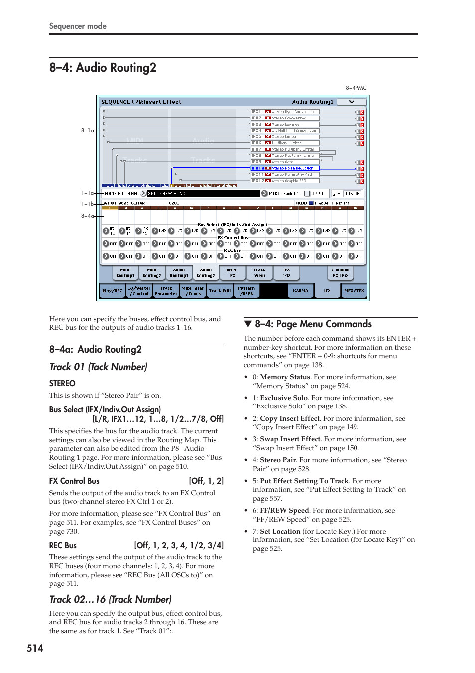 4: audio routing2, 4a: audio routing2, 8–4: audio routing2 | Track 02…16 (track number), 8–4: page menu commands | KORG Electronic Keyboard User Manual | Page 524 / 1127