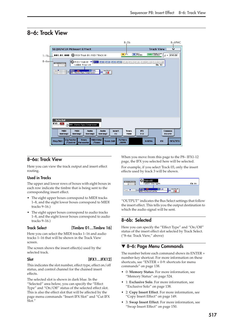 6: track view, 6a: track view, 6b: selected | 8–6: track view, 8–6a: track view, 8–6b: selected, 8–6: page menu commands | KORG Electronic Keyboard User Manual | Page 527 / 1127