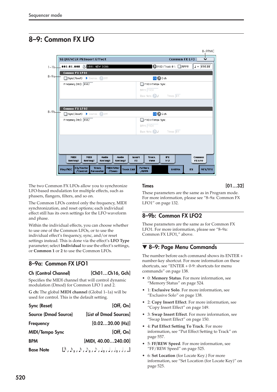 9: common fx lfo, 9a: common fx lfo1, 9b: common fx lfo2 | 8–9: common fx lfo, 8–9a: common fx lfo1, 8–9b: common fx lfo2, 8–9: page menu commands | KORG Electronic Keyboard User Manual | Page 530 / 1127