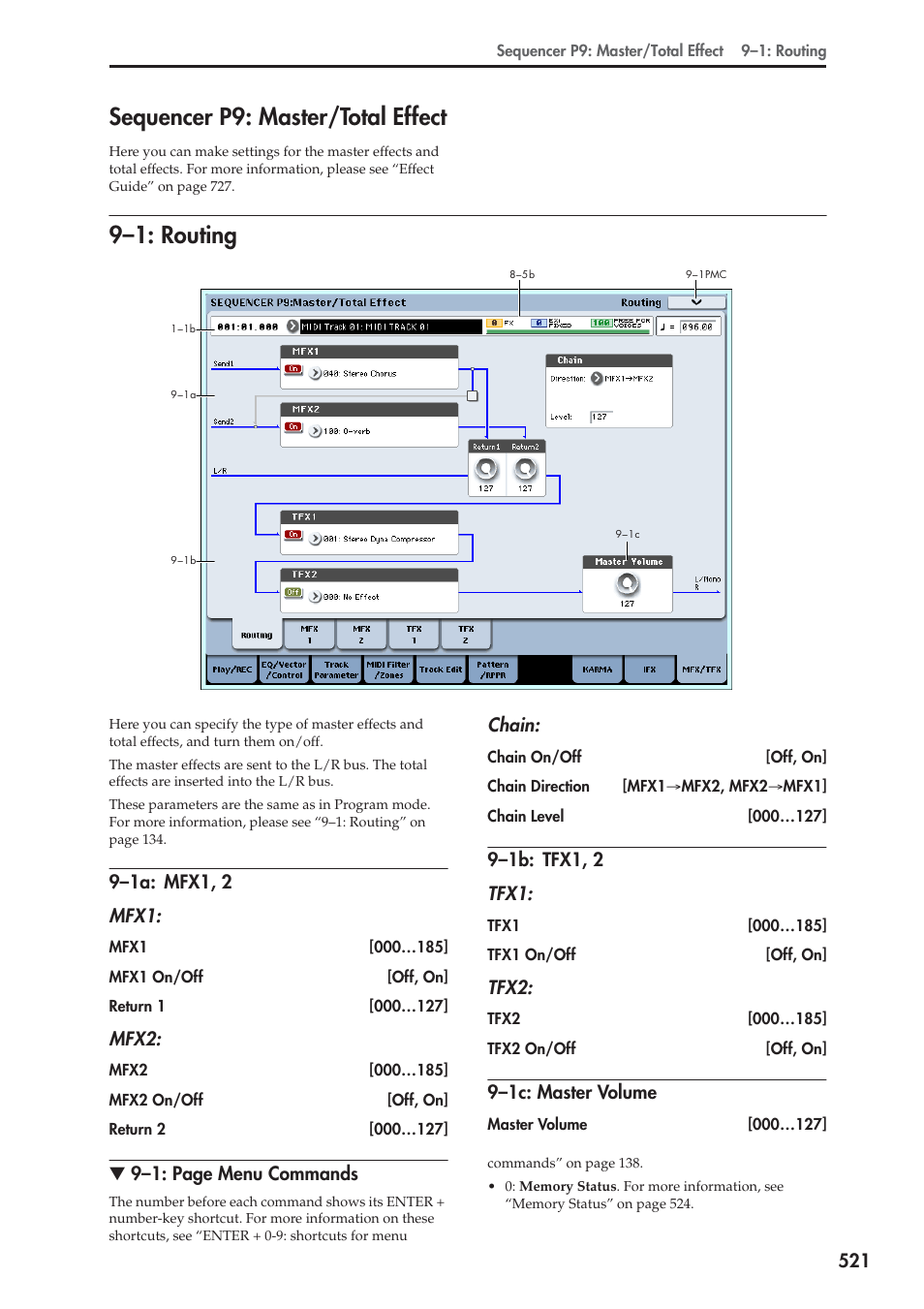 Sequencer p9: master/total effect, 1: routing, 1a: mfx1, 2 | 1b: tfx1, 2, 1c: master volume, 9–1: routing | KORG Electronic Keyboard User Manual | Page 531 / 1127