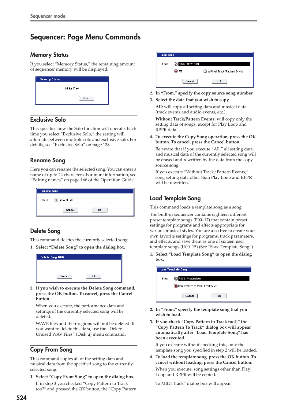 Memory status, Exclusive solo, Rename song | Delete song, Copy from song, Load template song, For more information, see “delete, Sequencer: page menu commands | KORG Electronic Keyboard User Manual | Page 534 / 1127