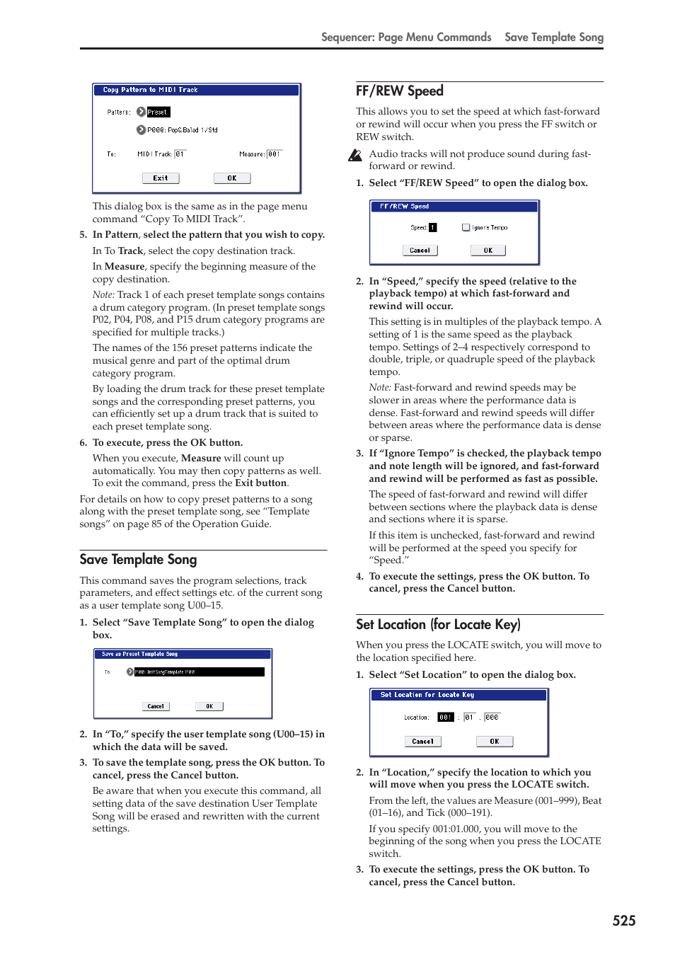 Save template song, Ff/rew speed, Set location (for locate key) | KORG Electronic Keyboard User Manual | Page 535 / 1127